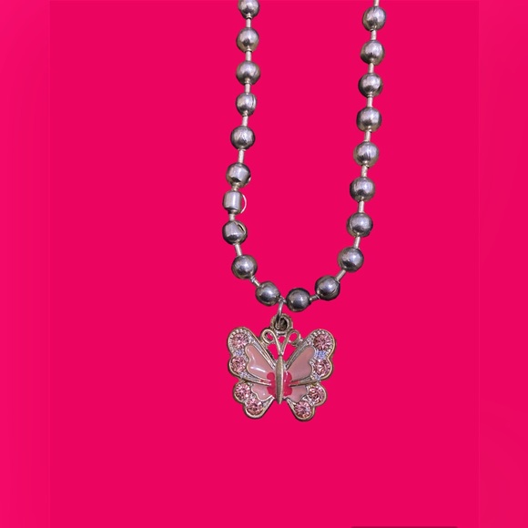 Pink and Silver butterfly necklace - Picture 2 of 5